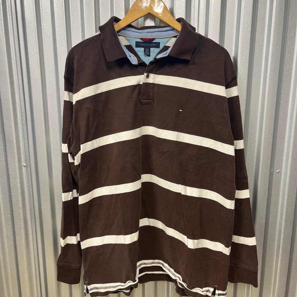 VTG Y2K Tommy Hilfiger Brown and Cream Striped Long Sleeve Polo Shirt SZ XL